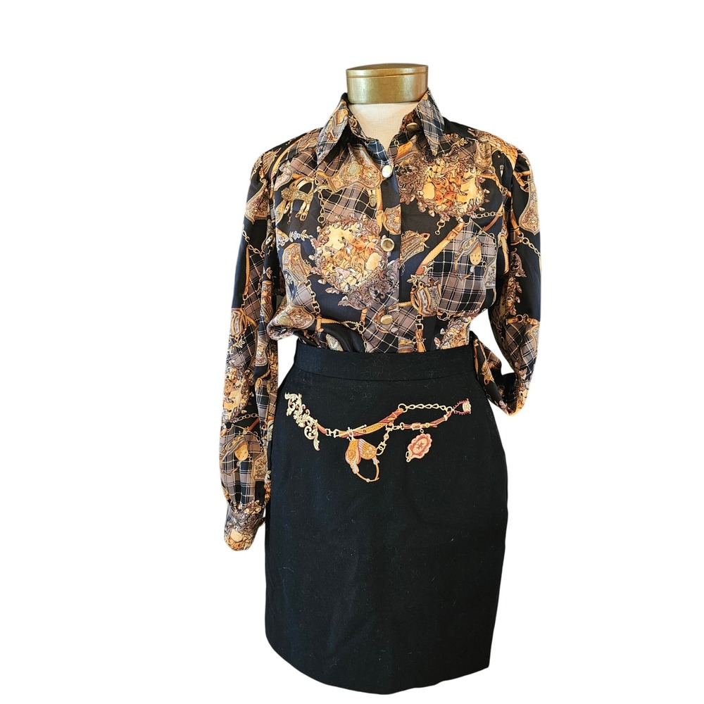 Alta Moda Luana Sare Vintage Italian Equestrian Scarf Print Blouse & Wool Skirt